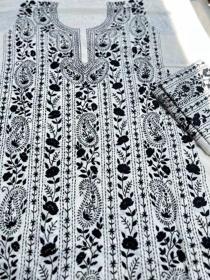 Black & White  green Hand Embroidered Cotto suit