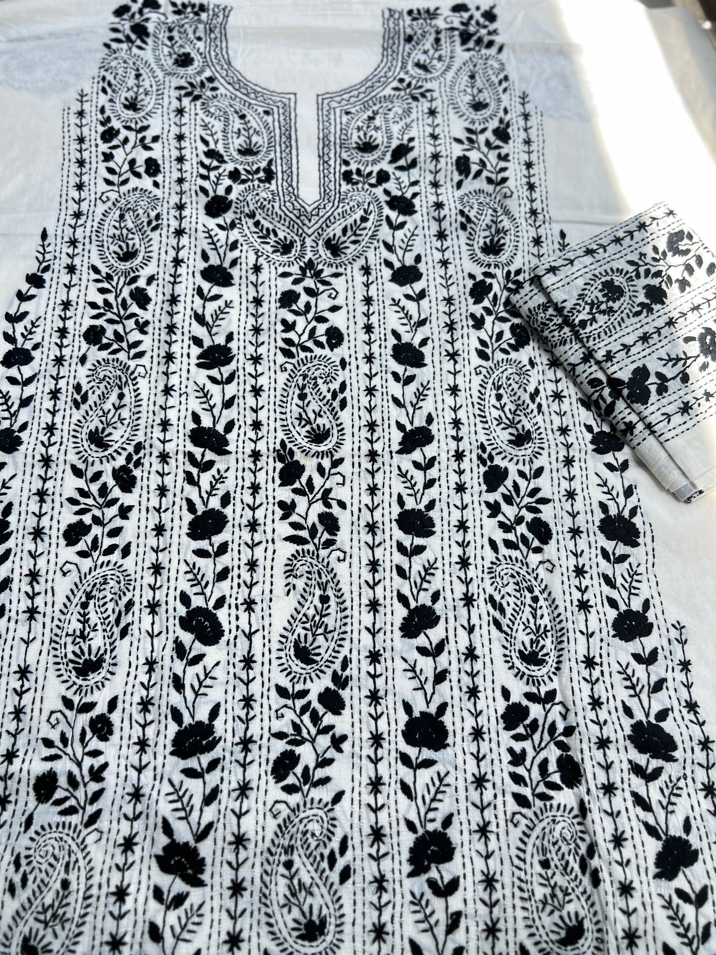 Black & White  green Hand Embroidered Cotto suit