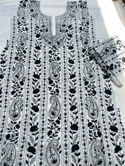 Black & White  green Hand Embroidered Cotto suit