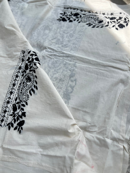 Black & White  green Hand Embroidered Cotto suit