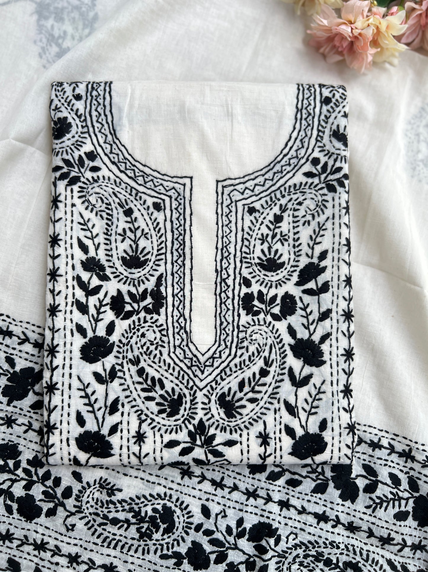 Black & White  green Hand Embroidered Cotto suit