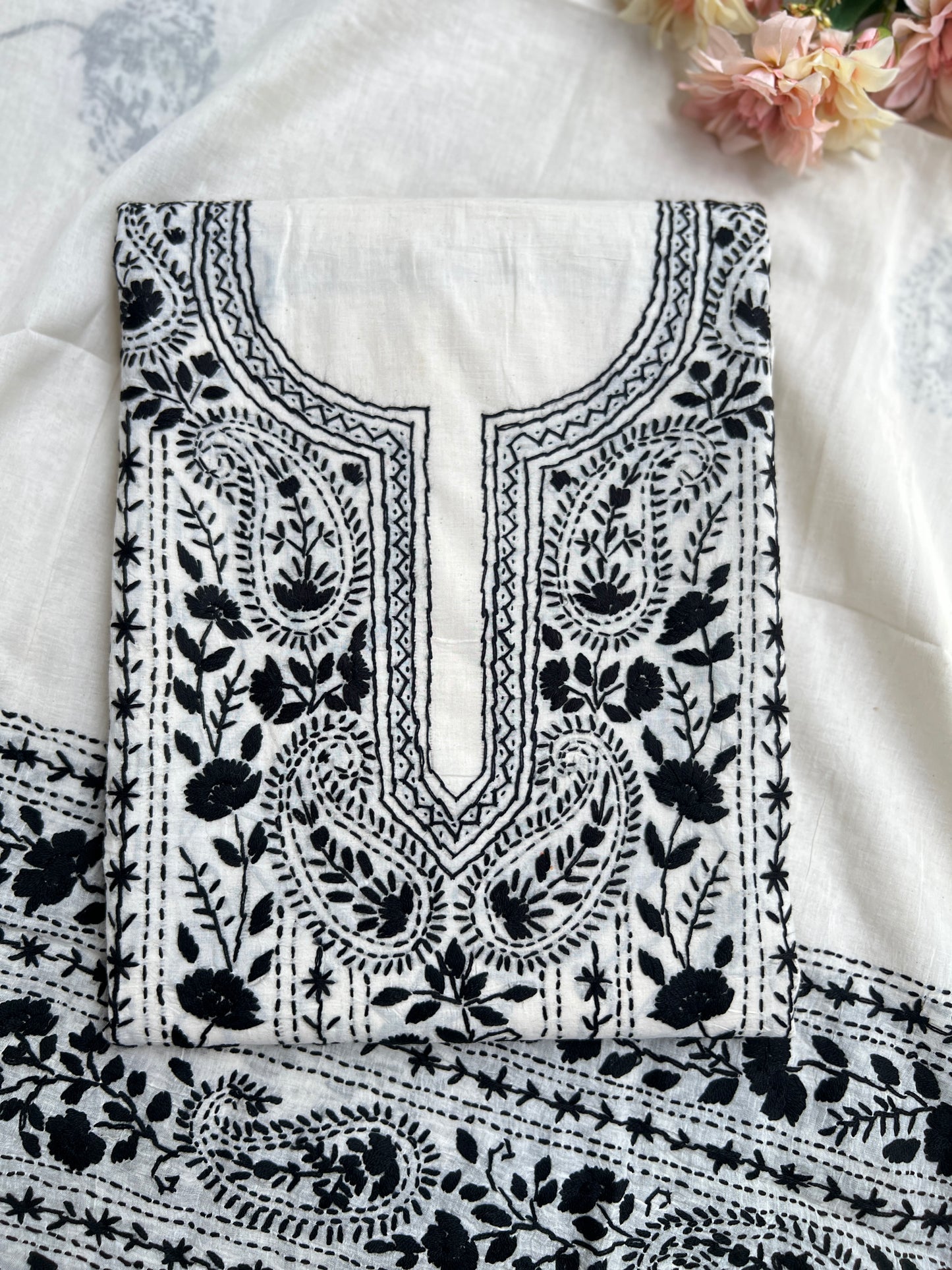 Black & White  green Hand Embroidered Cotto suit