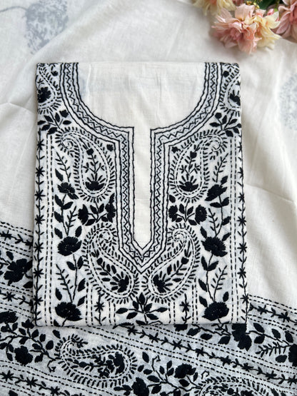 Black & White  green Hand Embroidered Cotto suit