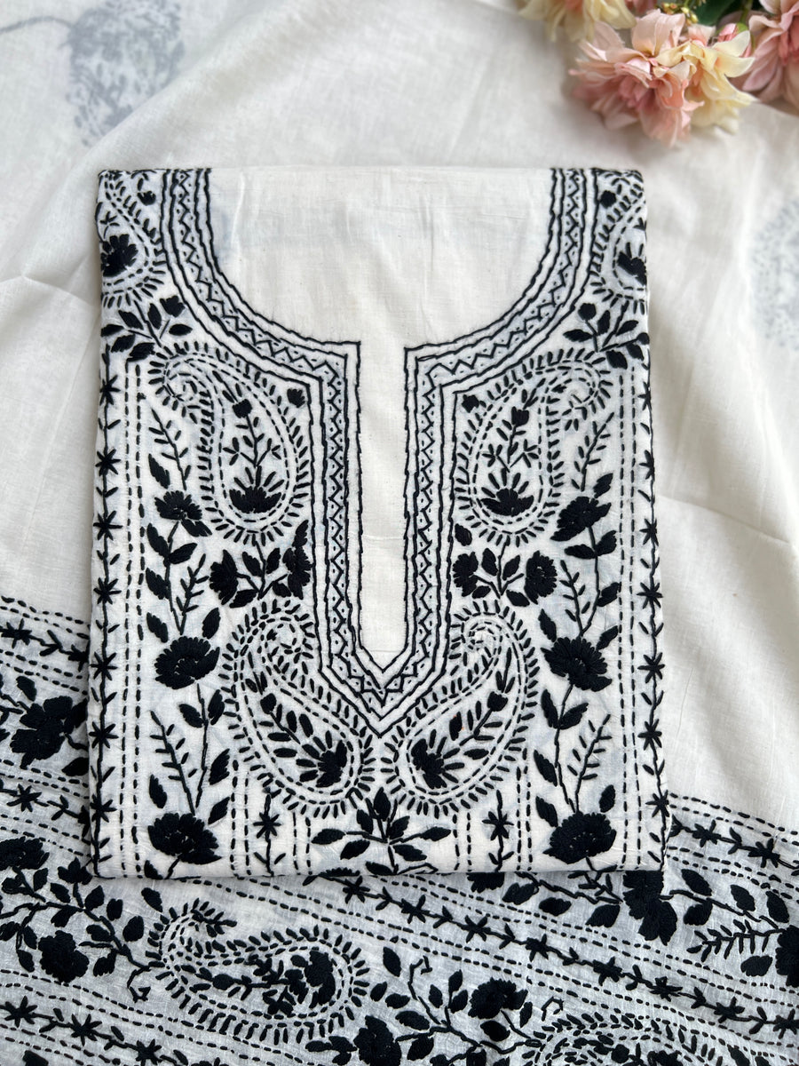 Black & White  green Hand Embroidered Cotto suit