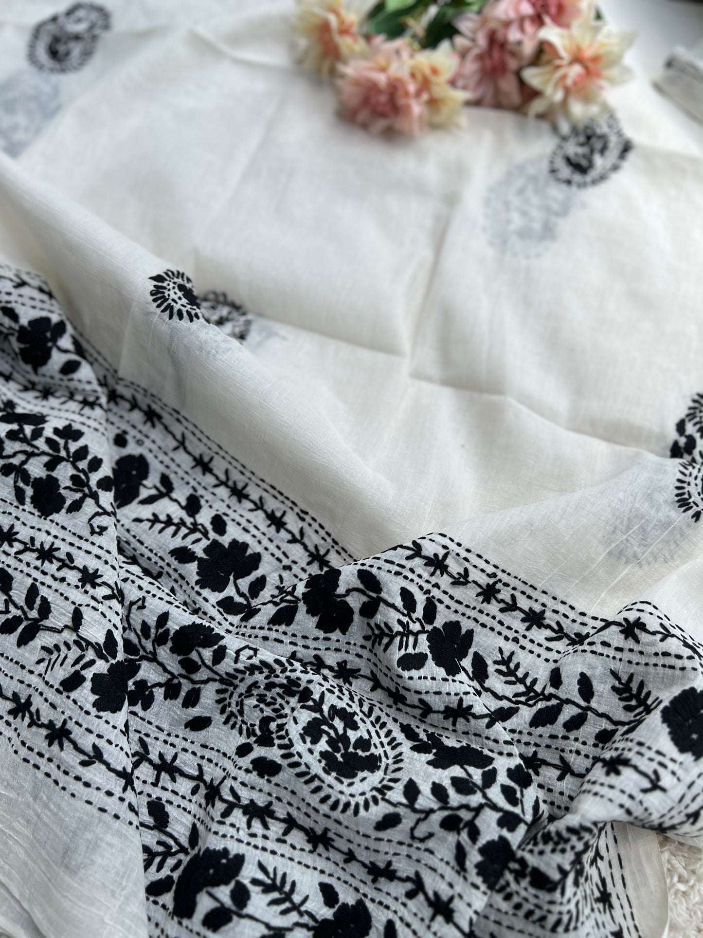 Black & White  green Hand Embroidered Cotto suit