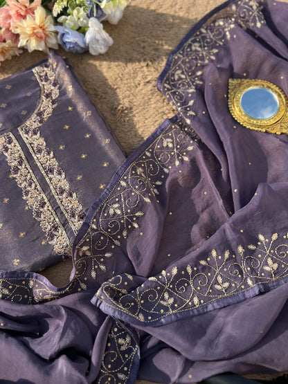 Slate Grey Shimmer Tissue Silk Suit with Exquisite Kalkatta Handwork