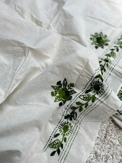 Ivory & forest green Hand Embroidered Cotton Suit Set