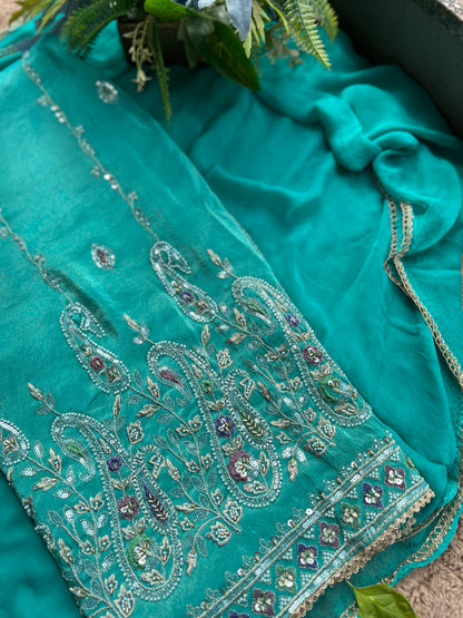 Radiant Teal Shimmer Silk Suit with Chiffon Dupatta