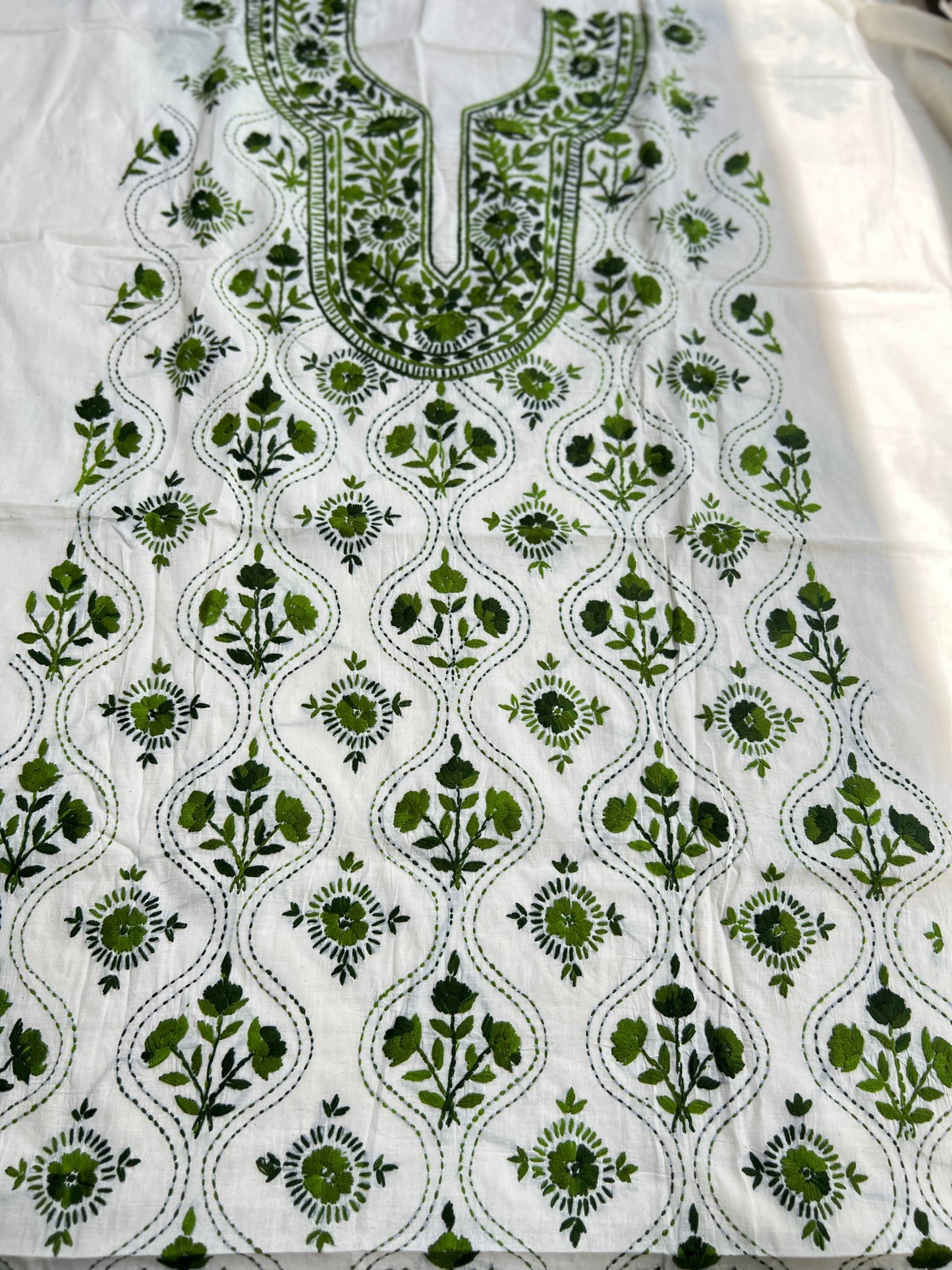Ivory & forest green Hand Embroidered Cotton Suit Set