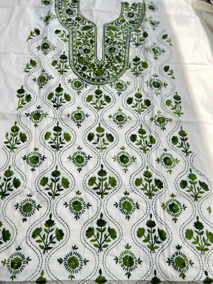 Ivory & forest green Hand Embroidered Cotton Suit Set