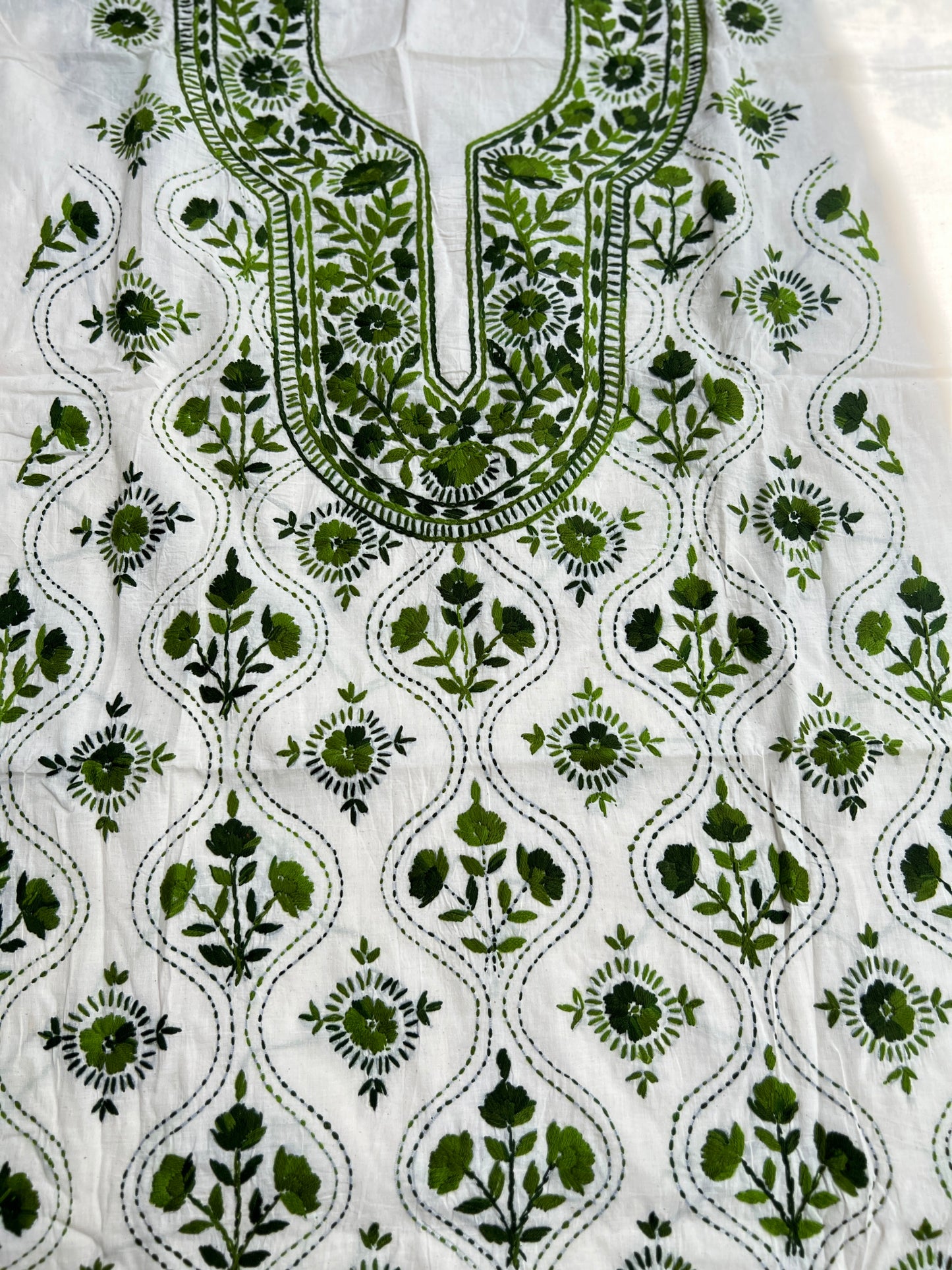 Ivory & forest green Hand Embroidered Cotton Suit Set