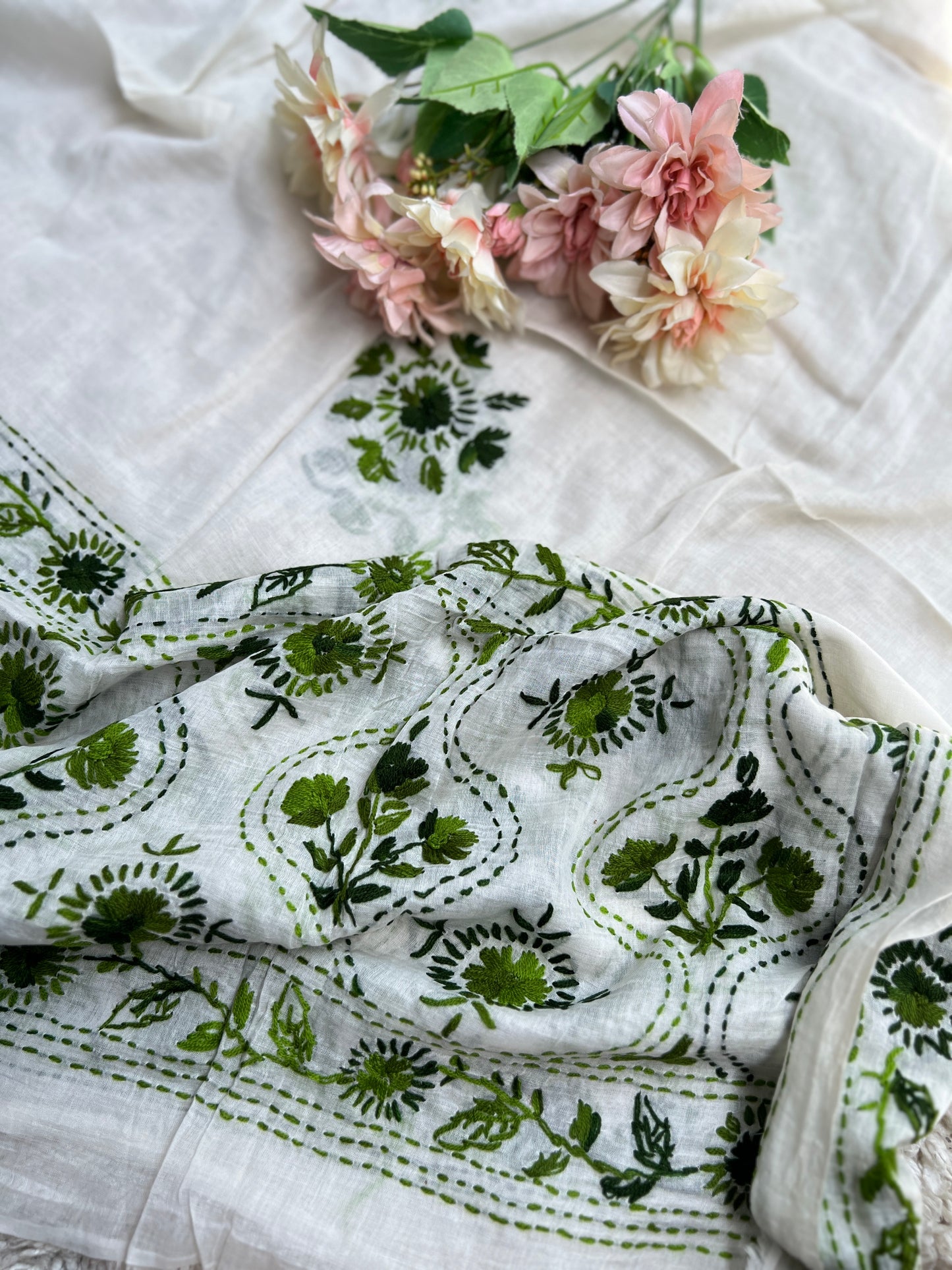 Ivory & forest green Hand Embroidered Cotton Suit Set