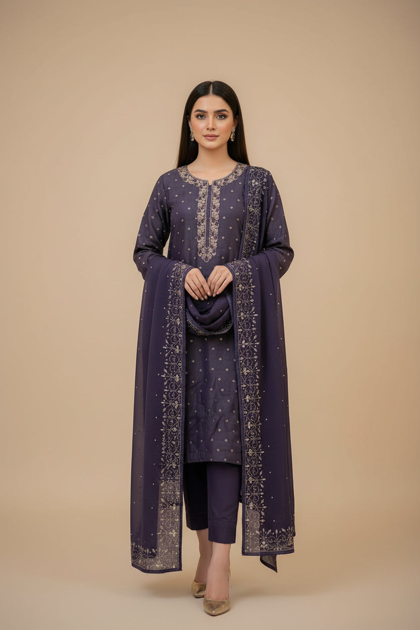 Slate Grey Shimmer Tissue Silk Suit with Exquisite Kalkatta Handwork