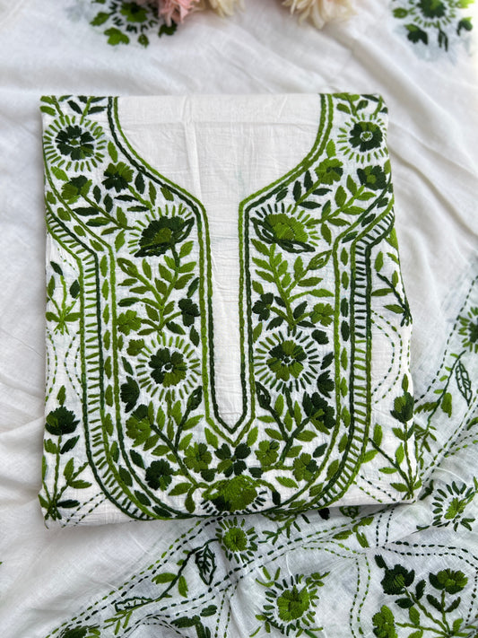 Ivory & forest green Hand Embroidered Cotton Suit Set