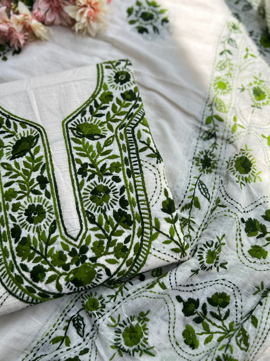 Ivory & forest green Hand Embroidered Cotton Suit Set
