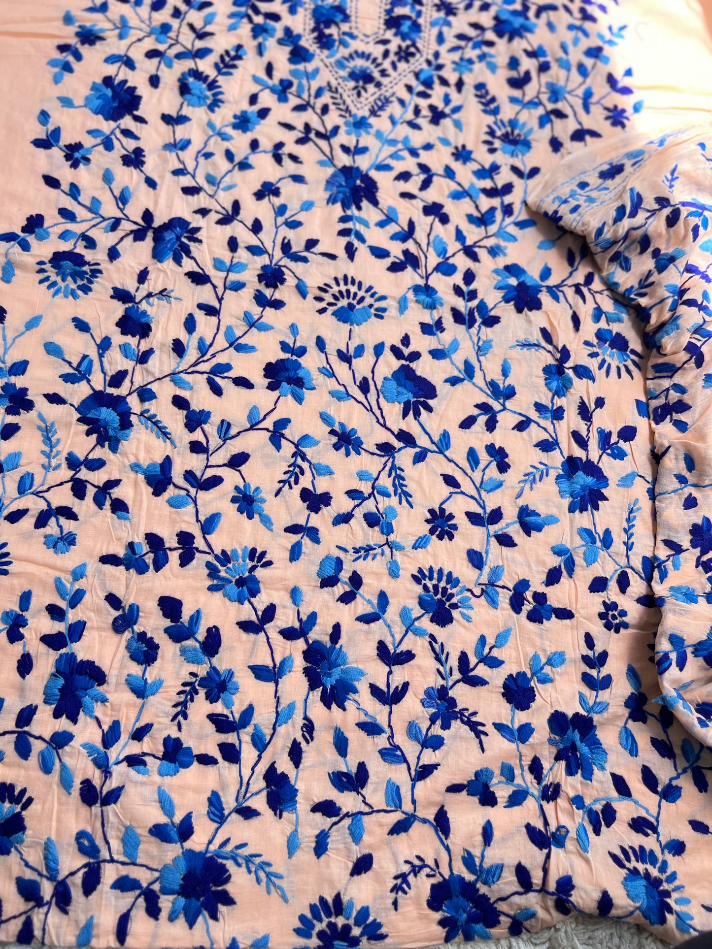 Peach & blue  Hand Embroidered Cotton suit