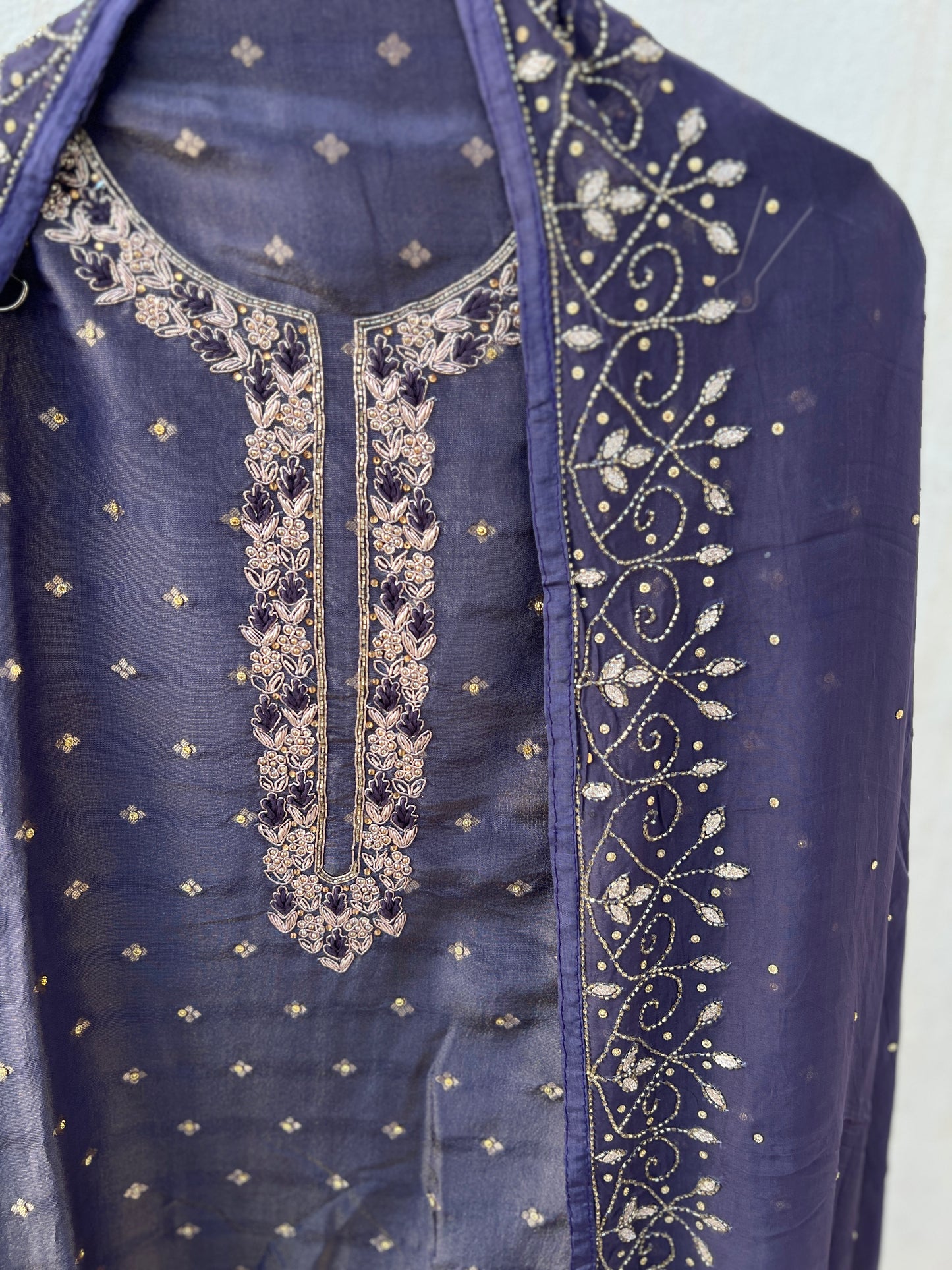 Slate Grey Shimmer Tissue Silk Suit with Exquisite Kalkatta Handwork