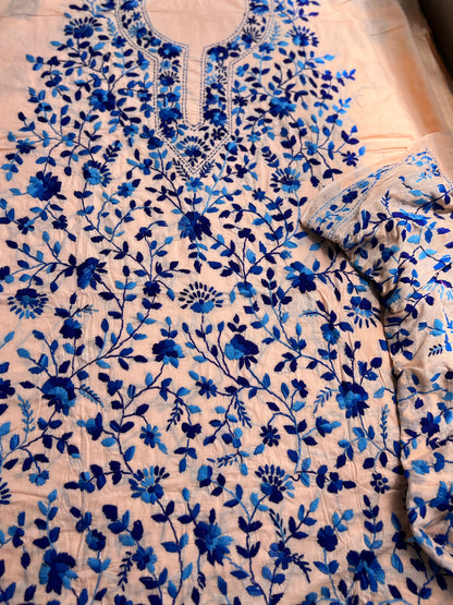 Peach & blue  Hand Embroidered Cotton suit