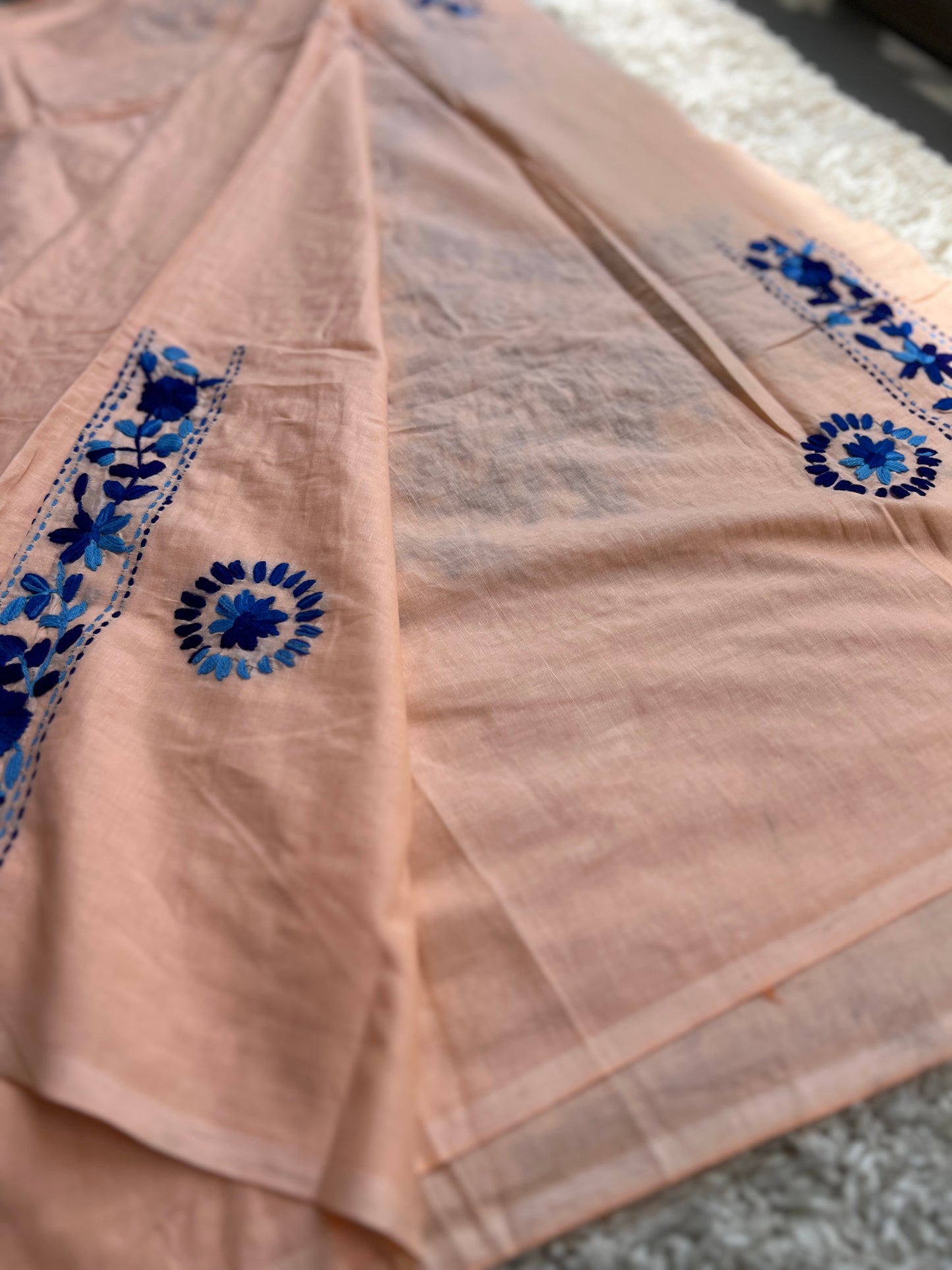 Peach & blue  Hand Embroidered Cotton suit
