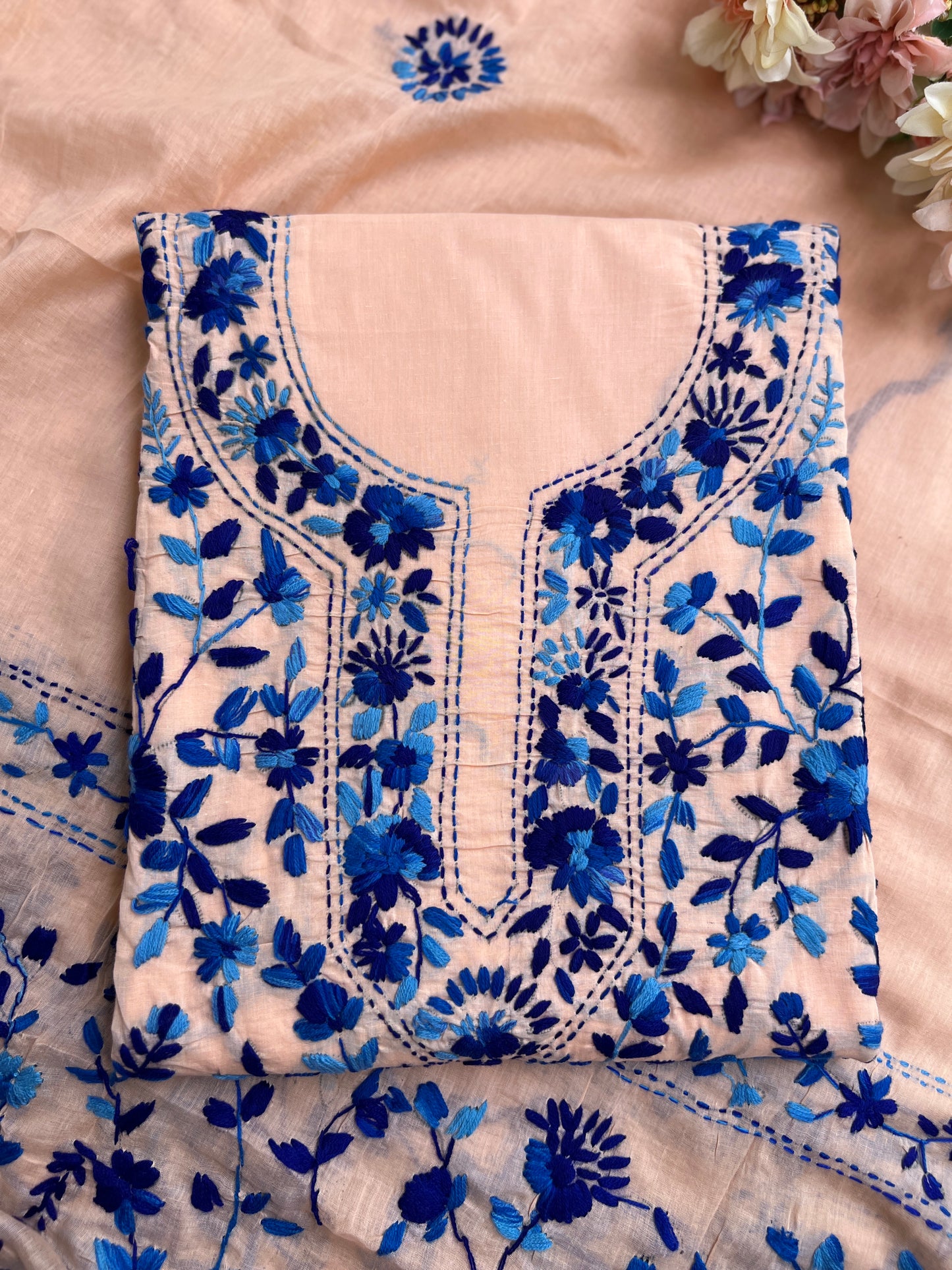 Peach & blue  Hand Embroidered Cotton suit