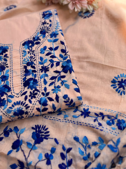 Peach & blue  Hand Embroidered Cotton suit