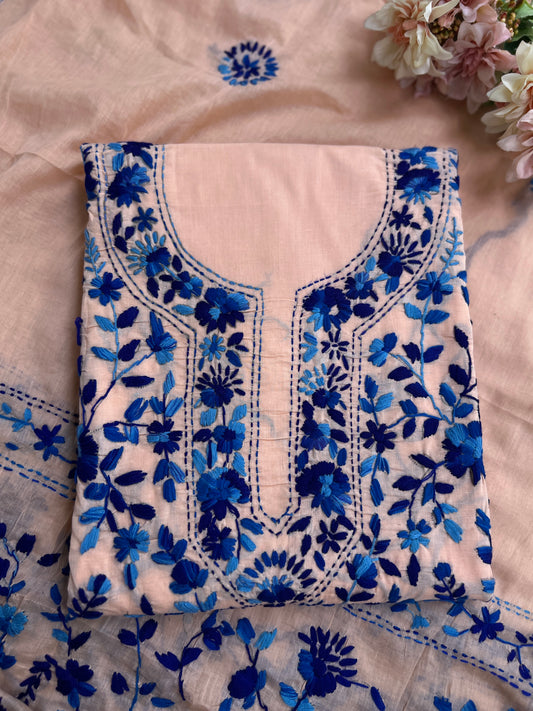 Peach & blue  Hand Embroidered Cotton suit