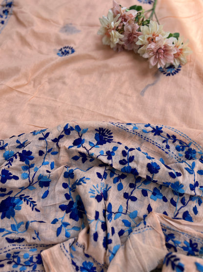 Peach & blue  Hand Embroidered Cotton suit