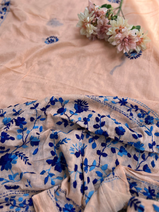 Peach & blue  Hand Embroidered Cotton suit