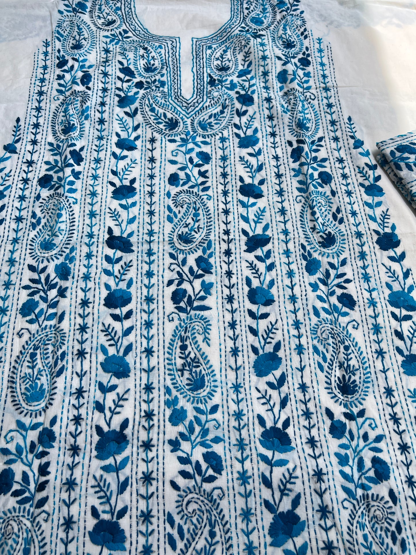 Ivory Royal Blue Pure Cotton Hand-Embroidered Unstitched Dress Material