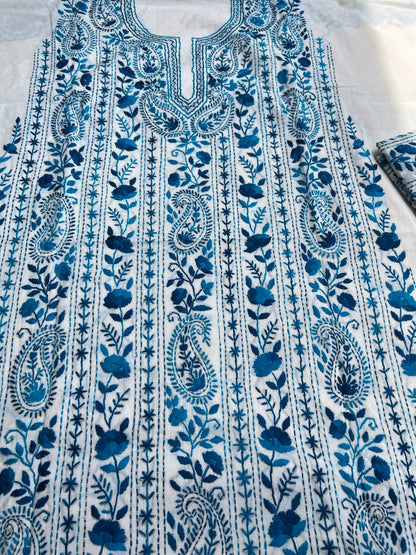 Ivory Royal Blue Pure Cotton Hand-Embroidered Unstitched Dress Material