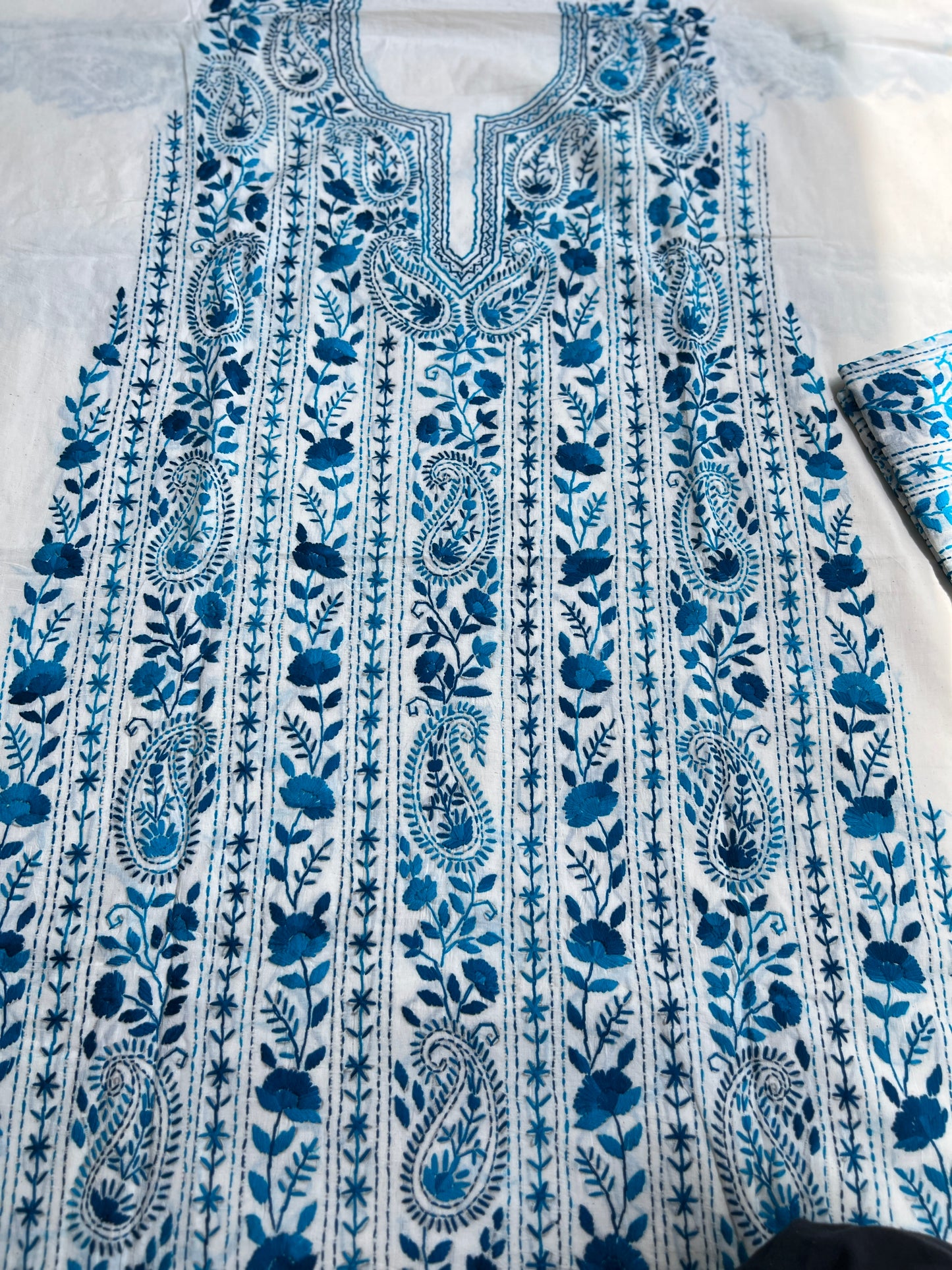 Ivory Royal Blue Pure Cotton Hand-Embroidered Unstitched Dress Material