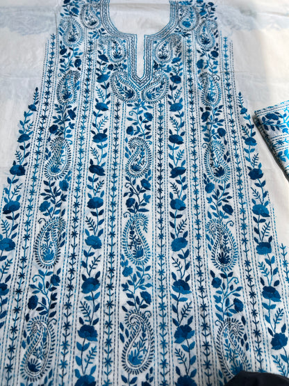 Ivory Royal Blue Pure Cotton Hand-Embroidered Unstitched Dress Material