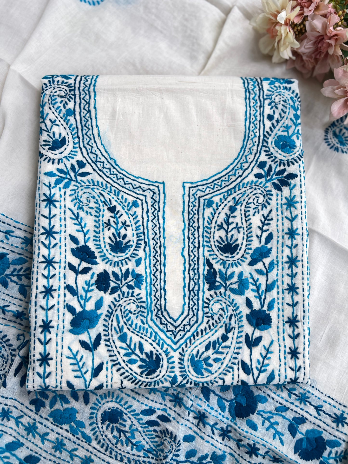 Ivory Royal Blue Pure Cotton Hand-Embroidered Unstitched Dress Material