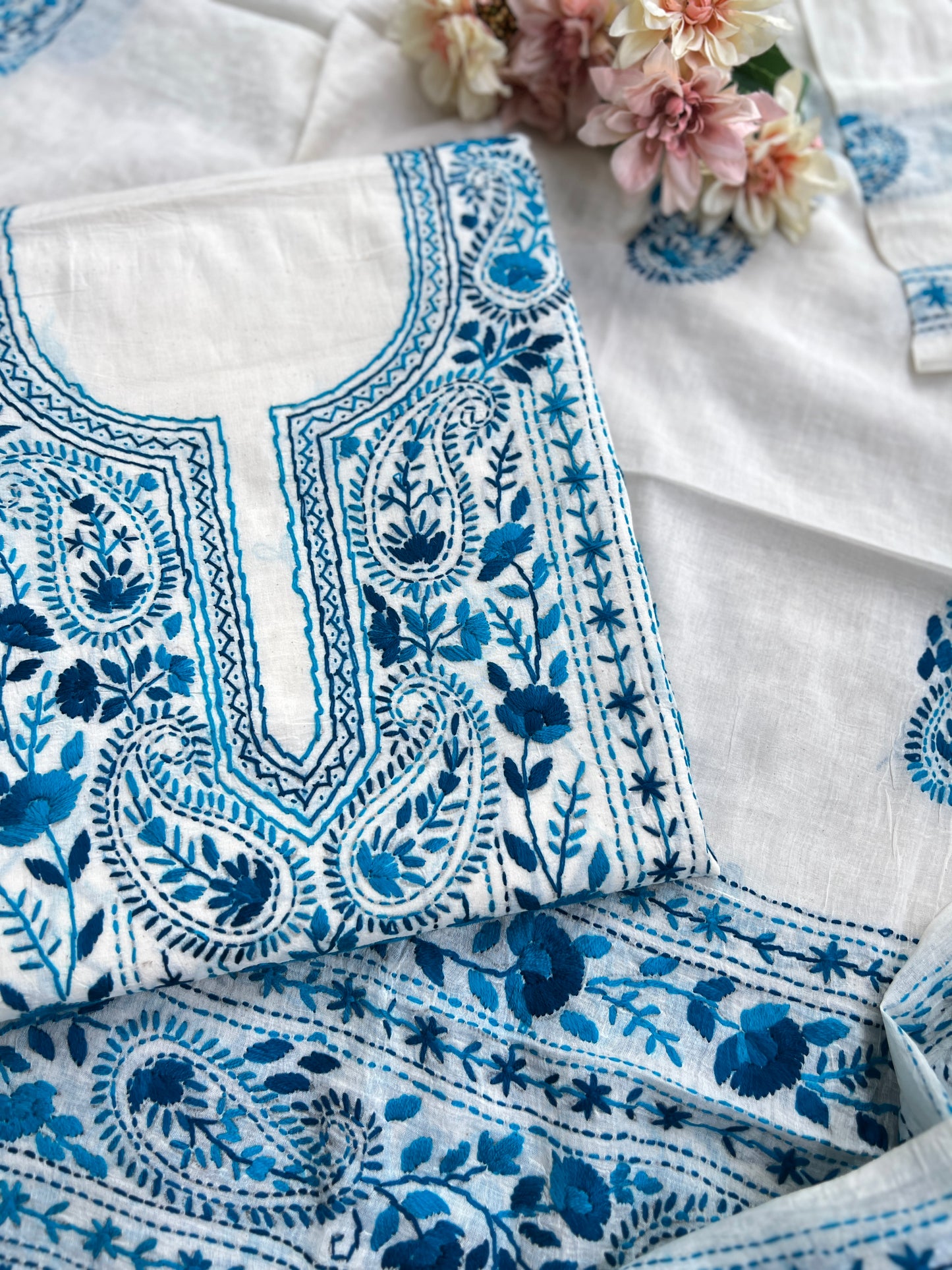 Ivory Royal Blue Pure Cotton Hand-Embroidered Unstitched Dress Material