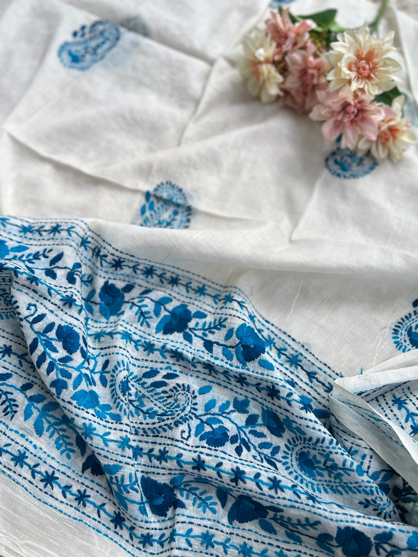 Ivory Royal Blue Pure Cotton Hand-Embroidered Unstitched Dress Material