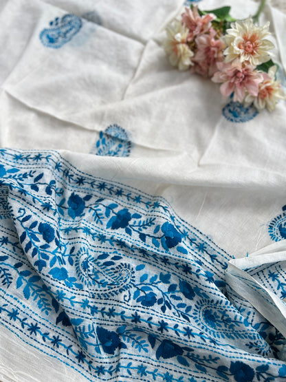 Ivory Royal Blue Pure Cotton Hand-Embroidered Unstitched Dress Material