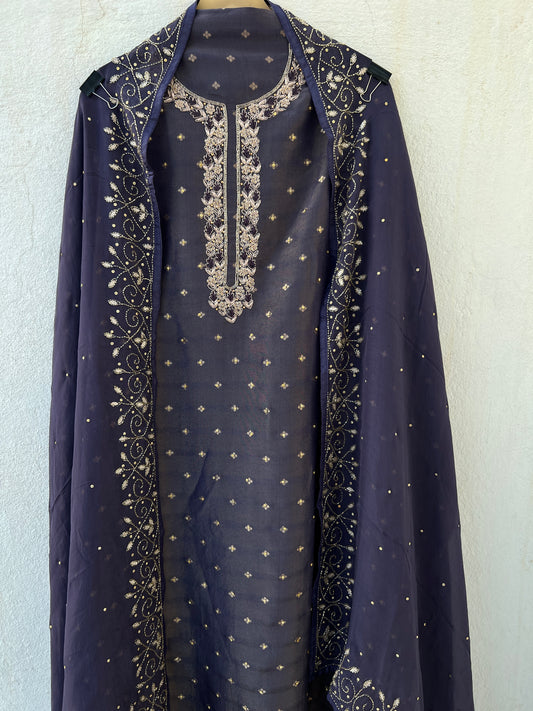 Slate Grey Shimmer Tissue Silk Suit with Exquisite Kalkatta Handwork