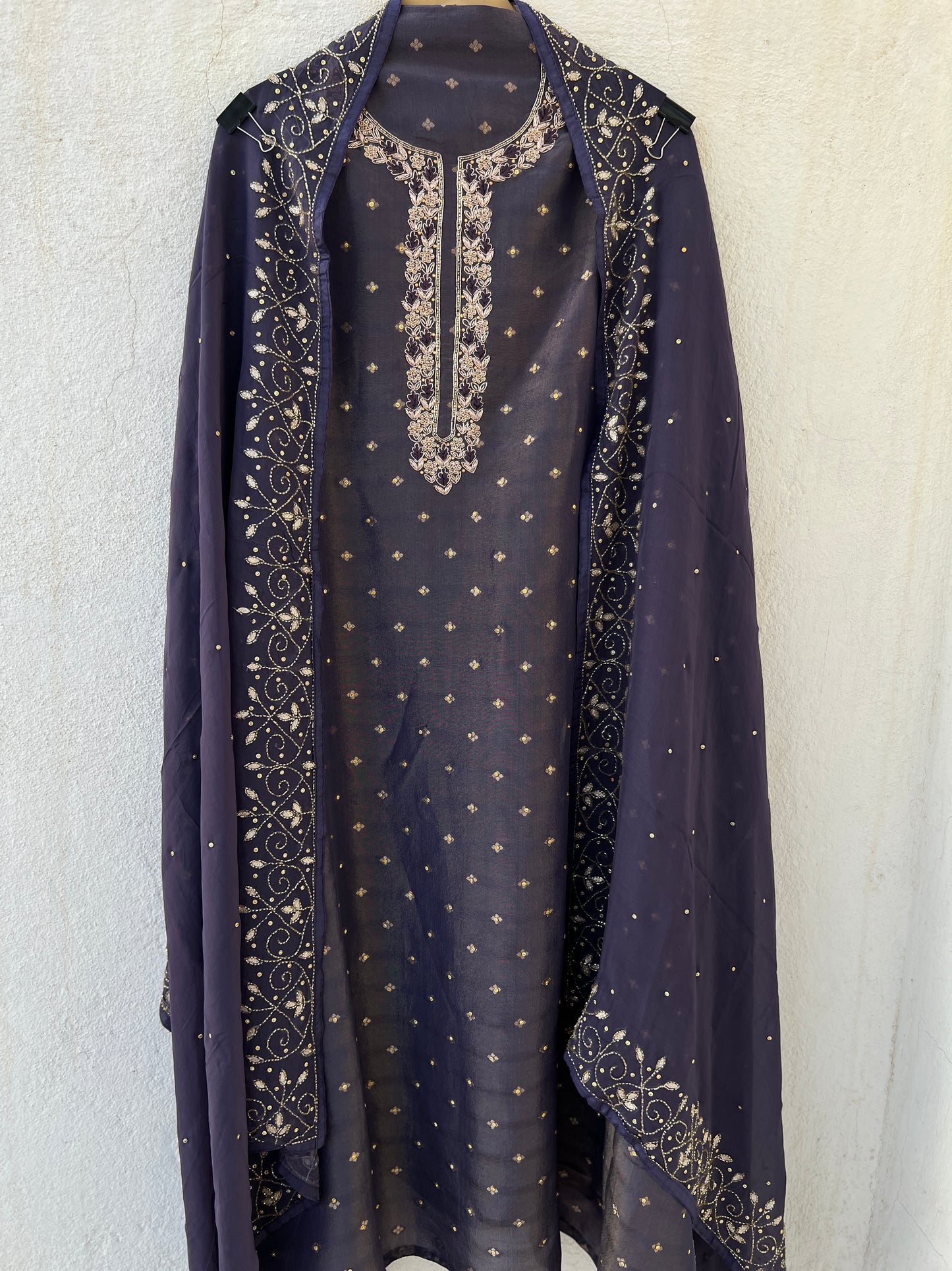 Slate Grey Shimmer Tissue Silk Suit with Exquisite Kalkatta Handwork