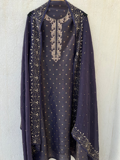 Slate Grey Shimmer Tissue Silk Suit with Exquisite Kalkatta Handwork