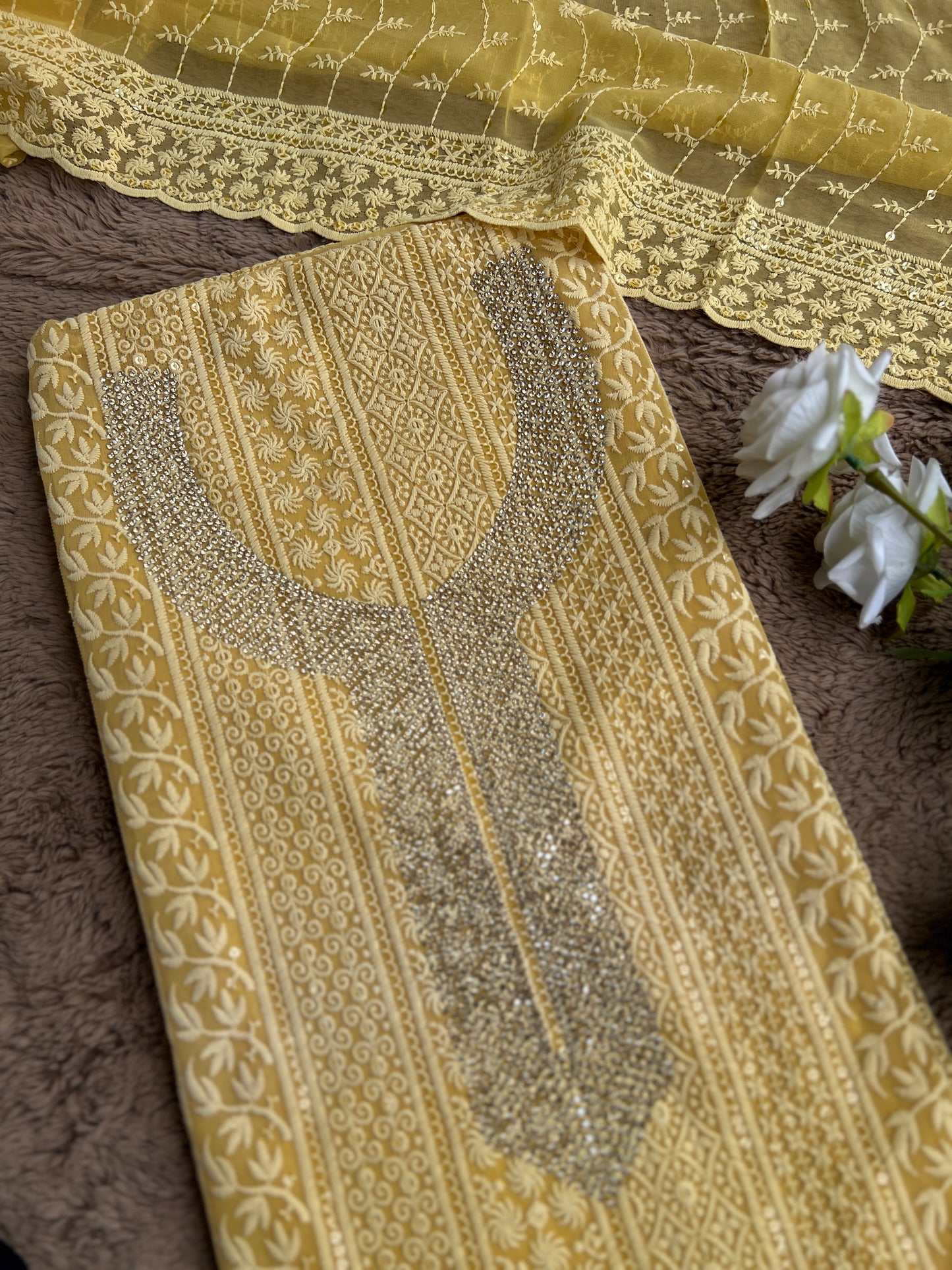 Elegant Mustard Georgette Chikanakari Salwar suit
