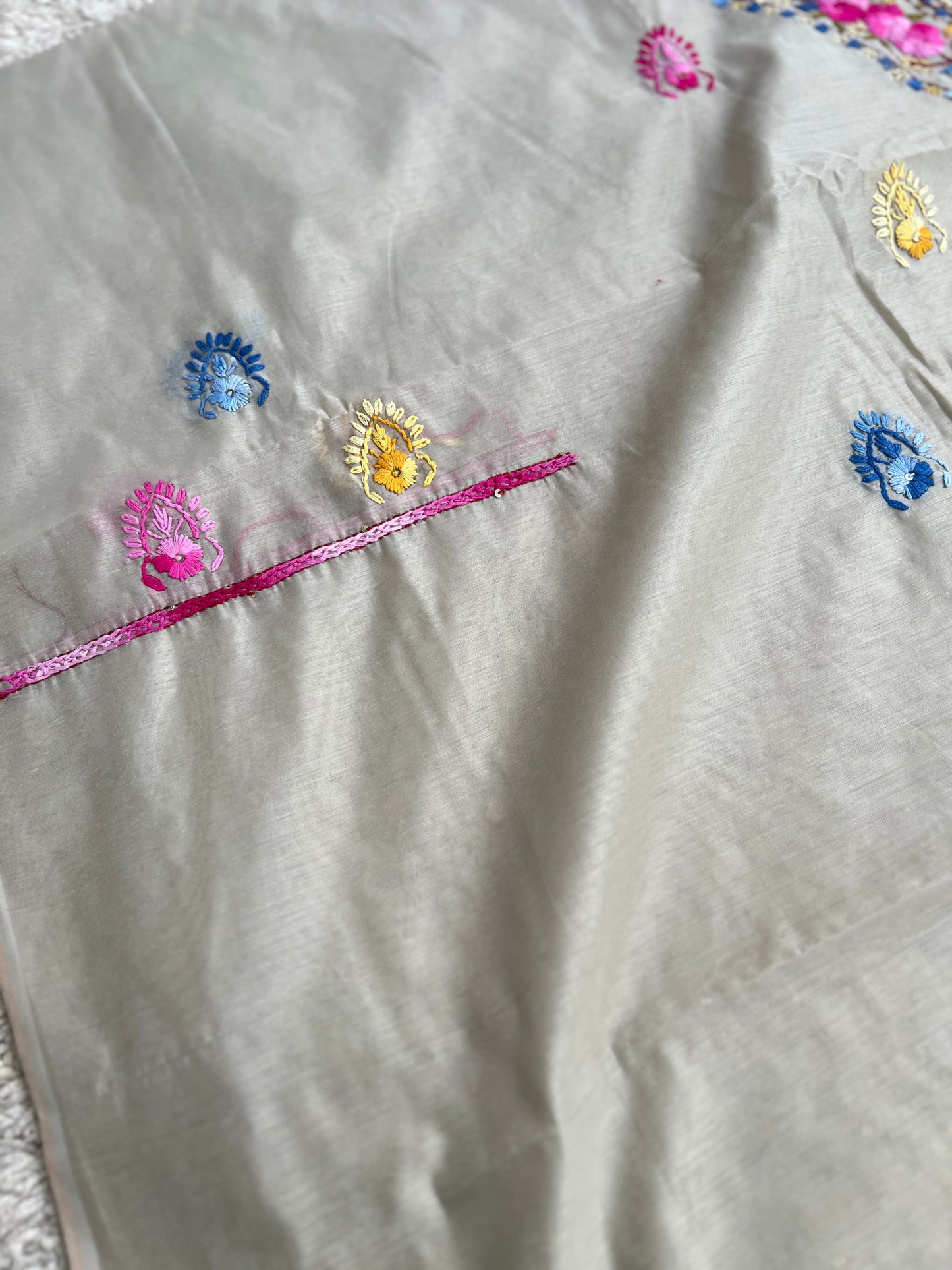Silver Grey Chanderi Silk Floral Embroidery