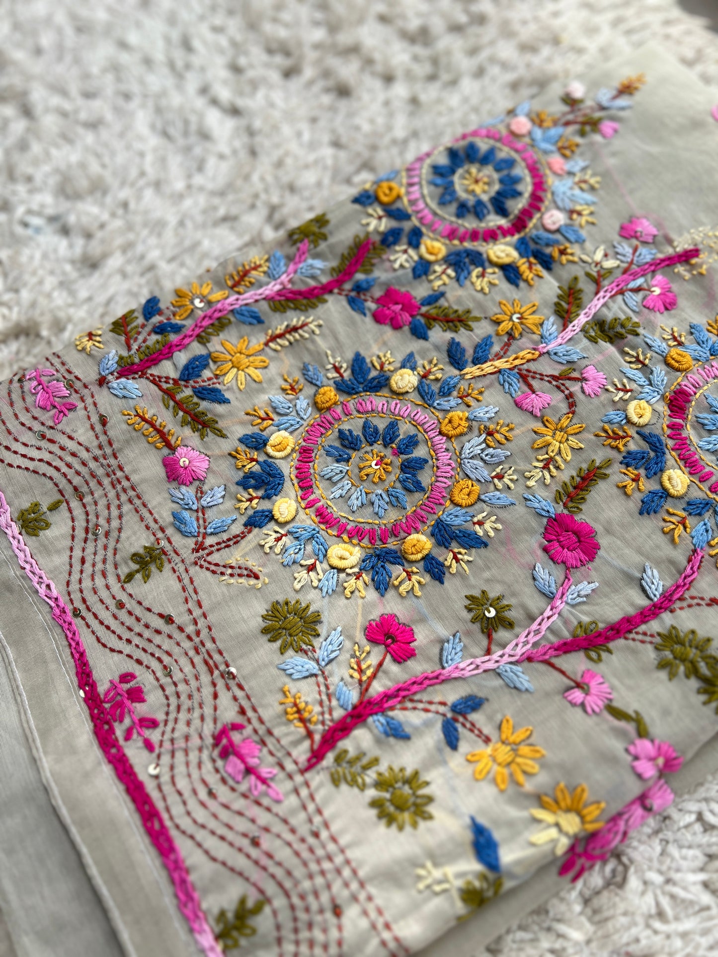 Silver Grey Chanderi Silk Floral Embroidery