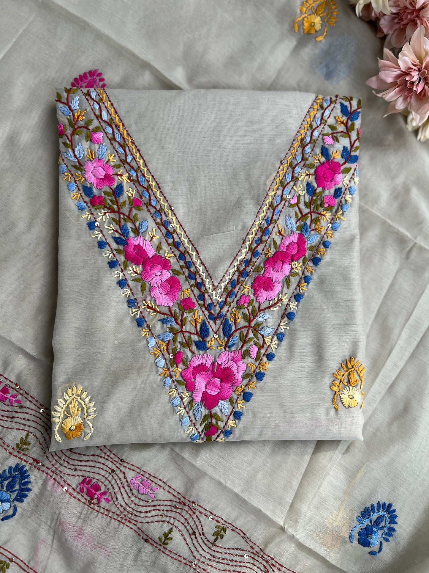 Silver Grey Chanderi Silk Floral Embroidery