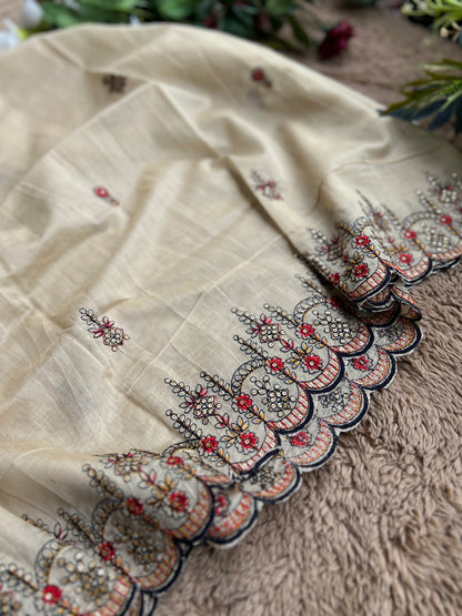 Navy Russian Silk Semi-Stitched Suit with  Embroidered Silk Dupatta