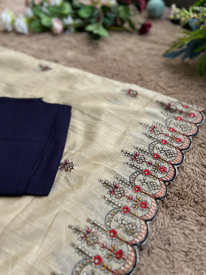 Navy Russian Silk Semi-Stitched Suit with  Embroidered Silk Dupatta