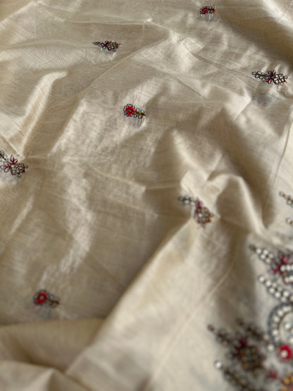 Navy Russian Silk Semi-Stitched Suit with  Embroidered Silk Dupatta