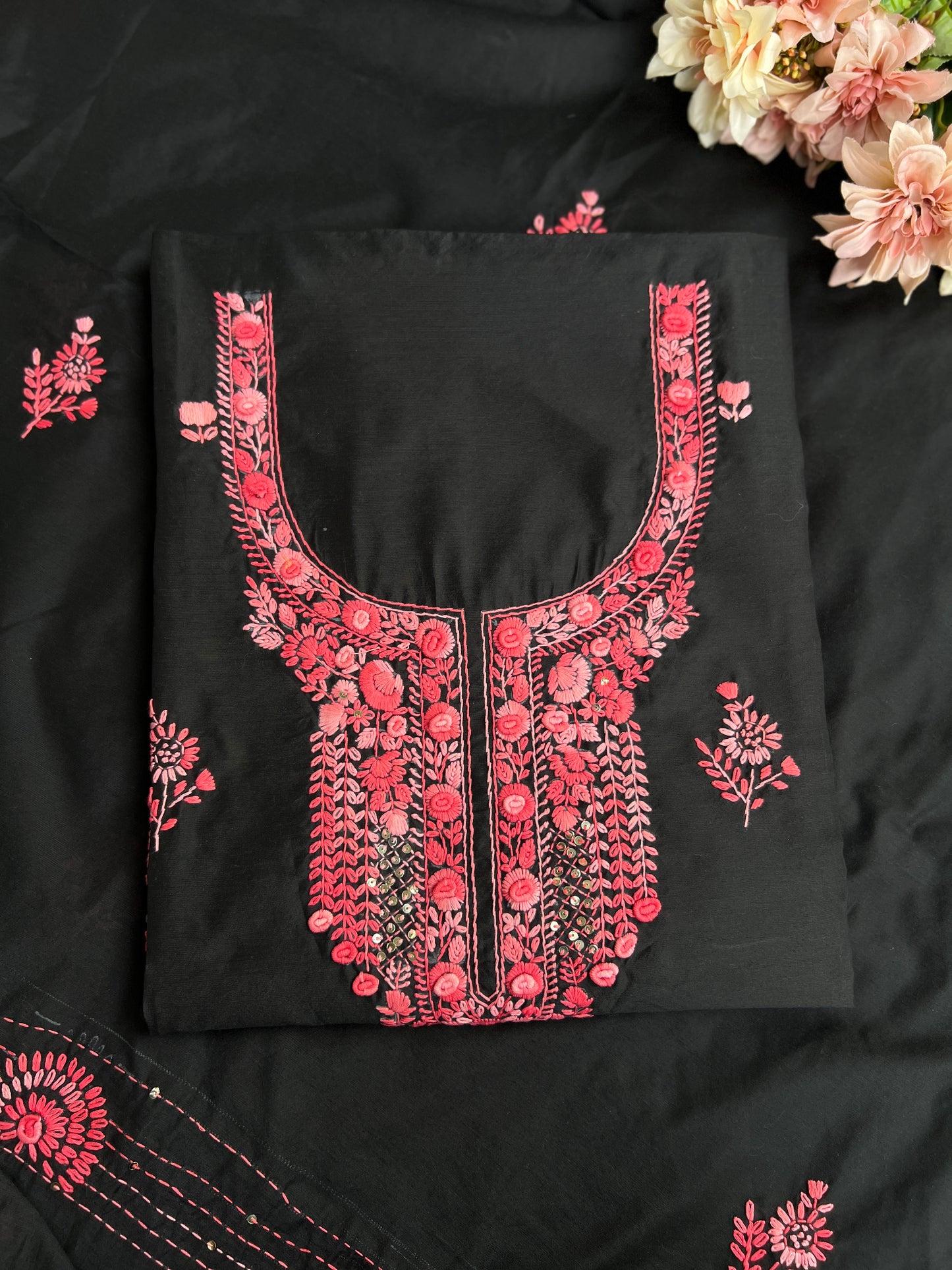 Jet Black Hande Embroidered Chanderi Silk