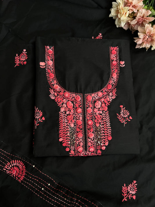 Jet Black Hande Embroidered Chanderi Silk