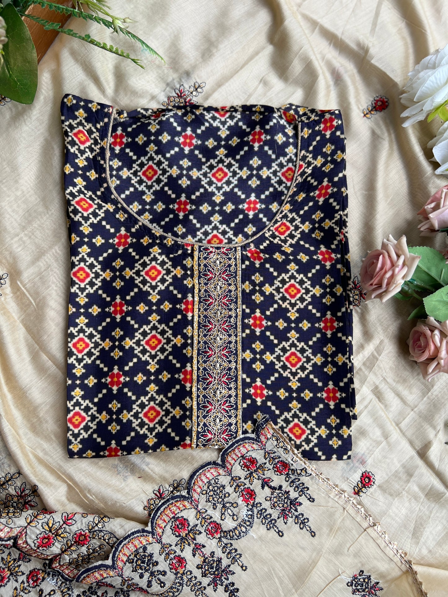 Navy Russian Silk Semi-Stitched Suit with  Embroidered Silk Dupatta