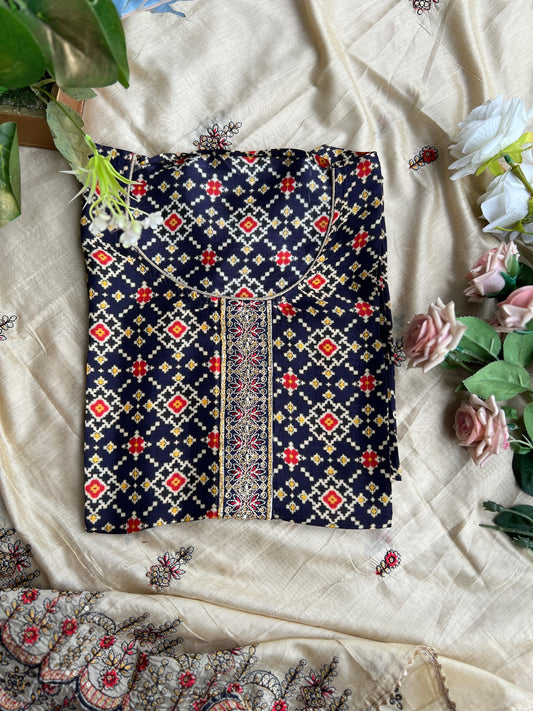 Navy Russian Silk Semi-Stitched Suit with  Embroidered Silk Dupatta